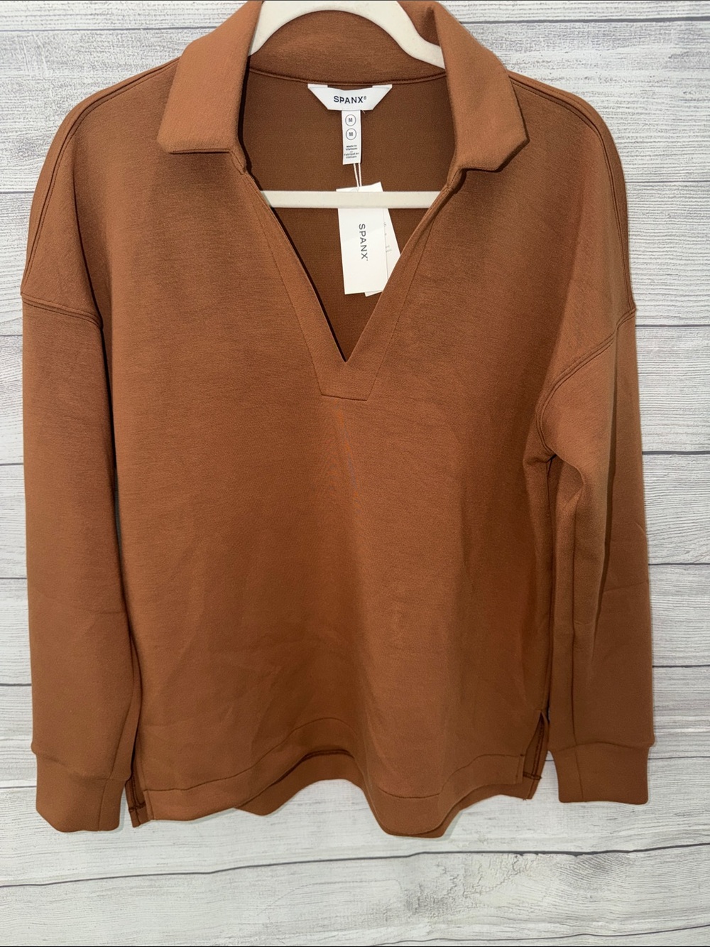 SPANX Rust-Colored V-Neck Collared Pullover